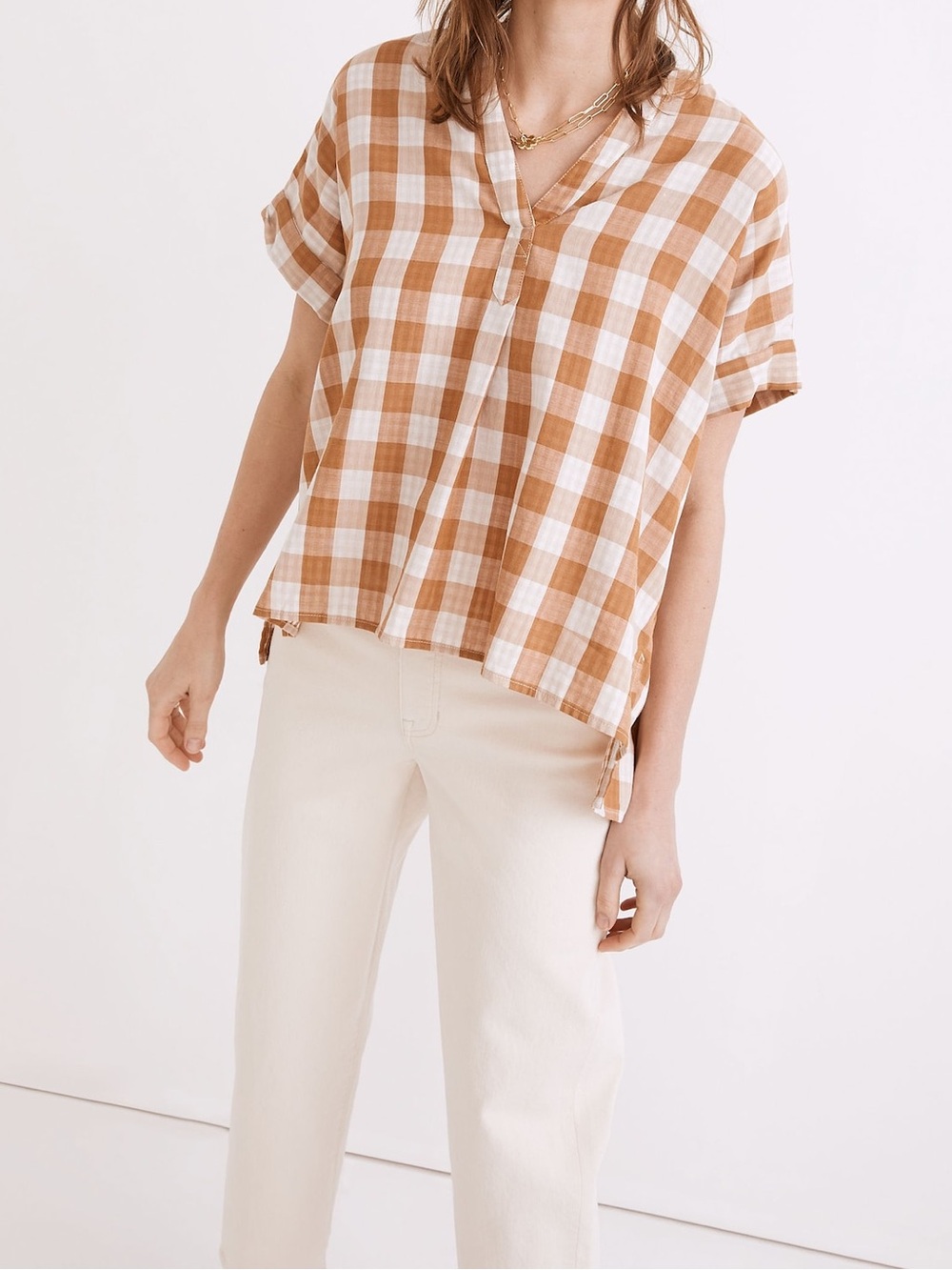 Madewell Lakeline Popover Shirt in Double-Faced Gingham in Golden Pecan - Size S